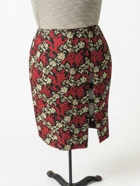 Vnt 90s Lip Service Red and Cream Floral Jacquard Pencil Skirt with Side Slit Sm